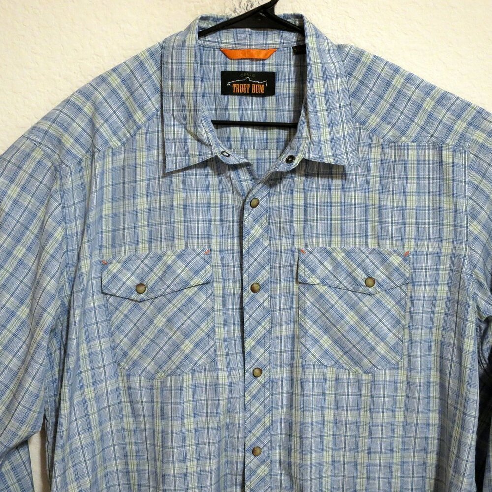 Orvis Shirt Mens XL Trout Bum Long Sleeve Pearl Snap Outdoor Blue White Striped
